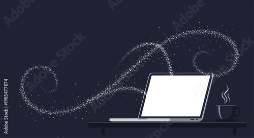 Laptop with swirling light trails and a steaming cup of coffee on a dark background, symbolizing creativity and inspiration in a digital workspace