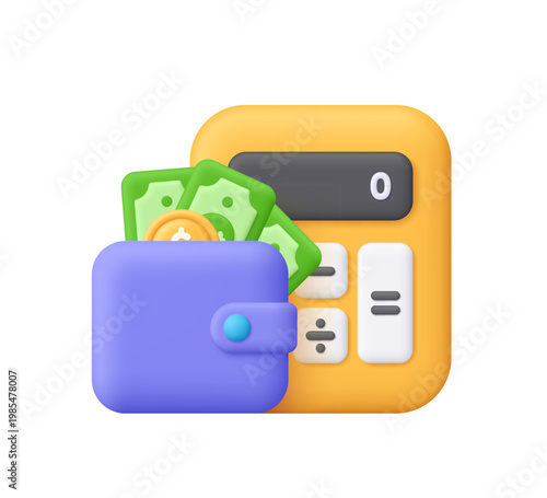 Yellow calculator and purple wallet with cash banknotes and coins. Banking, accounting, personal finance, expense calculation and financial planning concept. 3d vector icon. Cartoon minimal style.