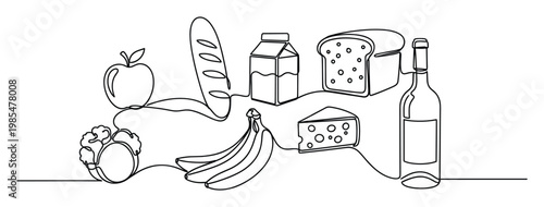 Continuous line drawing of essential groceries including fruits, vegetables, dairy, baked goods, and beverages, perfect for foodrelated marketing and healthy lifestyle promotions