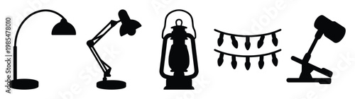 Selection of diverse lighting silhouettes showcasing modern floor lamps, adjustable desk lights, traditional lanterns, and decorative string lights, perfect for home decor or electrical