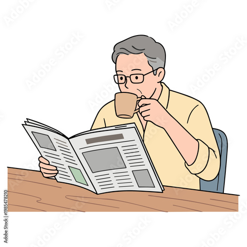 An older man reads a newspaper while drinking coffee at a table.