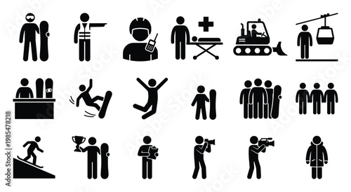 Essential pictogram collection illustrating snowboarders, ski resort personnel, and alpine sports scenarios suitable for informational graphics and thematic presentations.