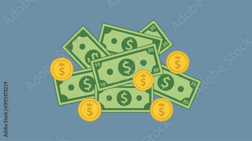 Pile of Dollar Banknotes and Gold Coins Flat Illustration on Blue Background