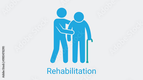 Rehabilitation concept with caregiver helping patient, blue vector illustration, medical support