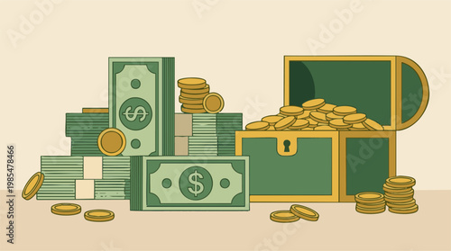 Abundance of wealth with stacks of money, gold coins, and a treasure chest