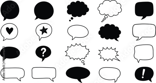 Collection of hand drawn speech bubbles and thought balloons in black and white ideal for communication concepts