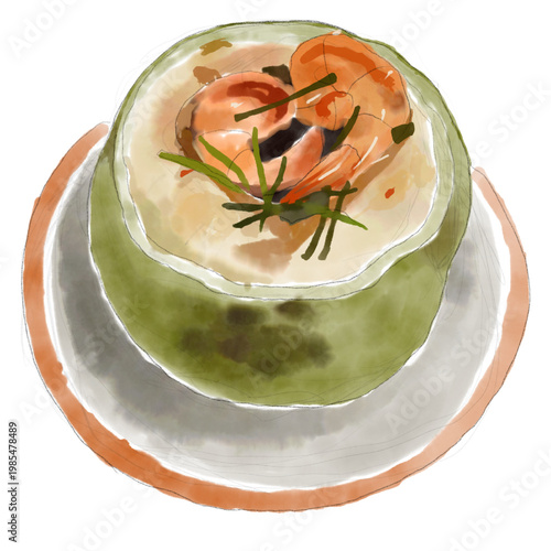 Northeastern food thai food illustration Steamed Seafood Curry in Young Coconut
