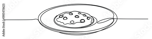 Continuous line drawing of a delicious chocolate chip cookie on a simple plate, perfect for bakery branding, food blog graphics, or minimalist kitchen decor concepts