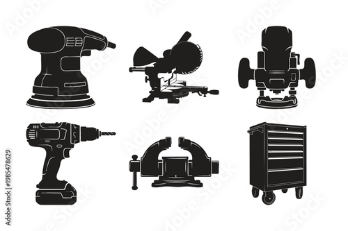 Carpentry tools and workshop silhouette set bundle for industrial use.
