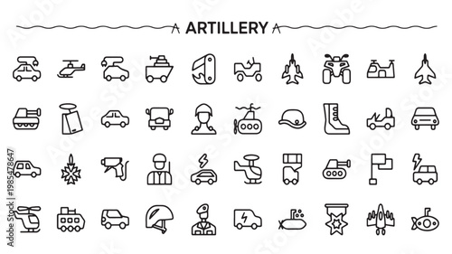 Military Vehicle Icons Set for Defense Equipment, Army Transport and Warfare
