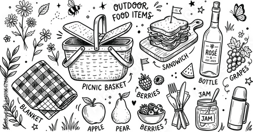 Charming hand drawn picnic illustration a vintage style sketch of outdoor food and basket essentials