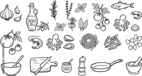 Culinary delights a hand drawn collection of ingredients and utensils for gourmet cooking and flavorful recipes