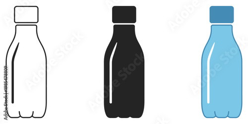 Three different colored water bottles on a white background, minimal flat design of reusable bottles in different colors