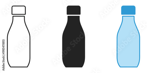Three different colored water bottles on a white background, clean product set showing hydration containers in varied tones, modern vector illustration for beverage branding, packaging, and adv