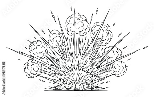 Powerful black and white line art explosion effect showcasing a dramatic burst with jagged energy lines and voluminous smoke clouds suitable for dynamic comic book and animation projects