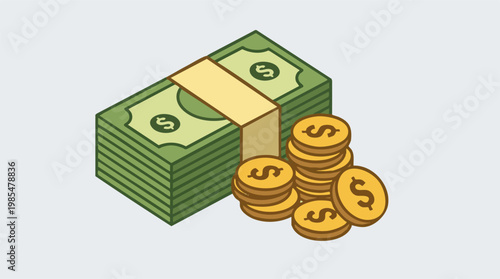 Stack of dollar bills and coins, a flat isometric illustration of money