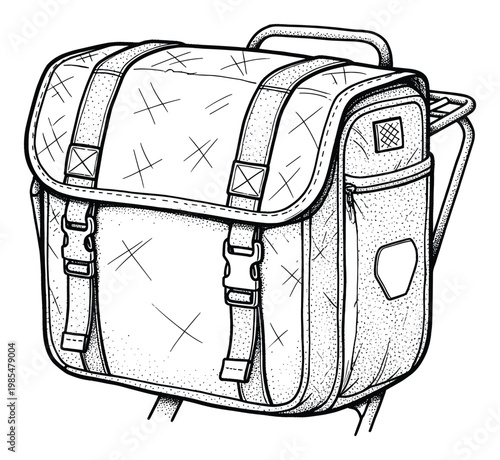 Black and white line drawing of a bicycle pannier bag with straps and buckles, ideal for outdoor adventure, bike touring, commuting, and general travel equipment visual needs.