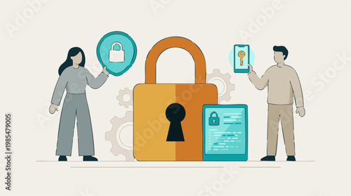 Data security and cyber protection concept with characters and digital devices
