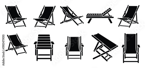 Selection of deck chair and lounge chair silhouettes serving as versatile graphic assets for summer vacation themes, beach holiday concepts, and outdoor relaxation designs.