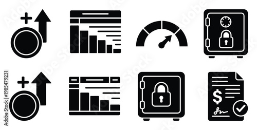 Collection of business and finance glyph icons representing financial growth, data analysis, performance metrics, secure asset management, and approved transaction documents for various