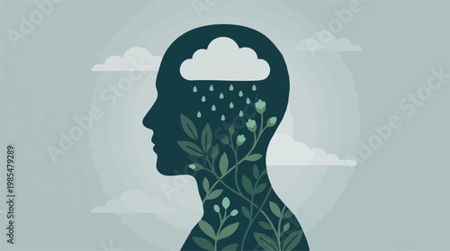 Mental health and growth concept: nature and rain in human head silhouette