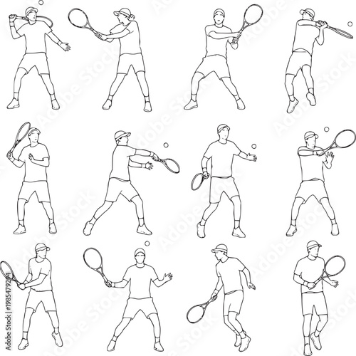 sequence of male tennis player serving and hitting ball in minimalist line art illustration