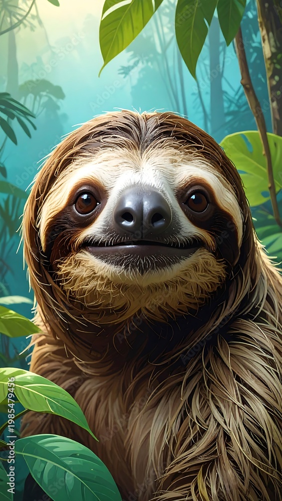 Naklejka premium A sloth with a calm expression in a lush green forest
