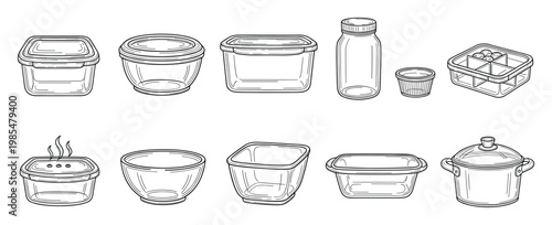 Assortment of various kitchen food storage containers and cookware in line art style for meal preparation guides, home organization articles, and culinary blog posts