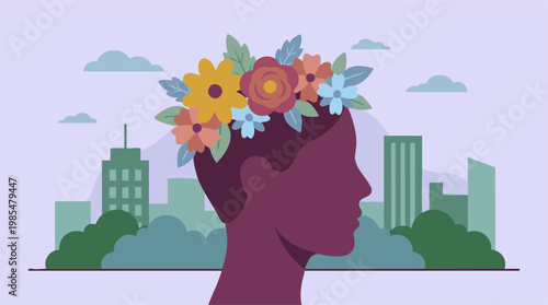 Profile of person with floral crown against city skyline background