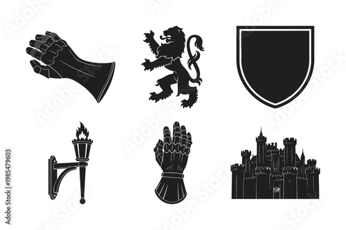 Medieval heraldry and castle silhouette set bundle for historical art.