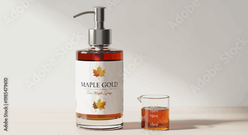 Maple syrup dispenser bottle, glass beaker, amber liquid, kitchen utensils, food ingredients