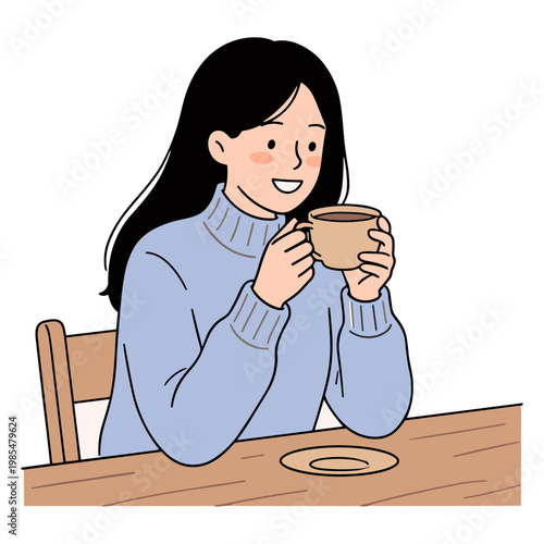 Woman sitting at table happily holding coffee cup indoors