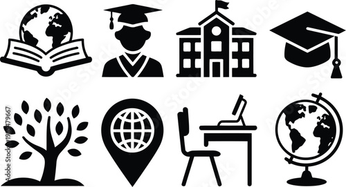 Education icons set global learning graduation and academic symbols