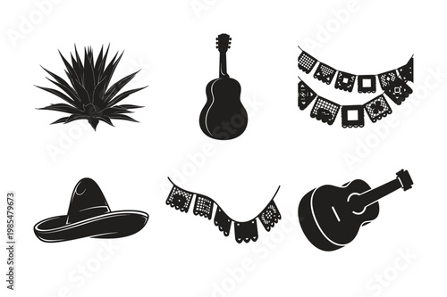 Mexican culture tradition silhouette set bundle with guitar and hat.