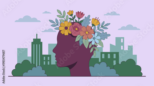Mental health concept with human head silhouette crowned by flowers.