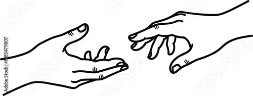 Hands reaching out vector illustration, connection support gesture concept, helping hands line art, human interaction design, care assistance symbolic elements