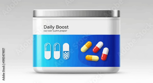 Daily supplement pills, vitamin capsules, health containers, medicine packaging