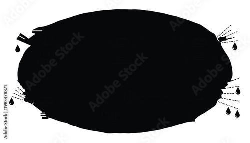 Black graphic symbol portraying liquid drops and spray emanating from an abstract oval shape, ideal for conveying concepts of fluid dynamics or environmental issues