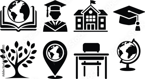 Education icons set global learning knowledge and academic achievement
