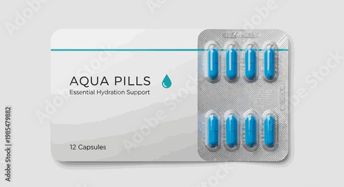 Hydration supplements, blue capsules, Aqua Pills packaging, essential hydration support