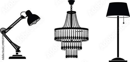 Lamp and chandelier silhouettes vector set, desk lamp floor lamp lighting fixtures collection, interior decor illumination design elements illustration pack