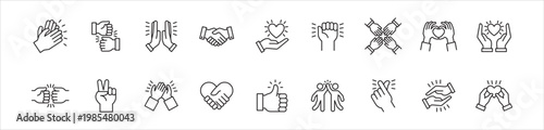 Hand sign, clap and high five icon set. Containing icon symbol : applause, fist bump, handshake, love, expression of love, peace, thumb up, care, passion, support, partnership, trust, cooperation.