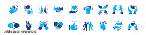 Hand sign icon set. Containing icon symbol : high five, clap, applause, fist bump, handshake, love, expression of love, peace, thumb up, care, passion, support, partnership, trust, cooperation.