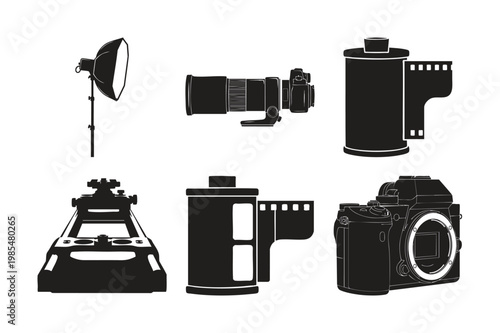 Photography equipment silhouette set bundle on white background isolated.