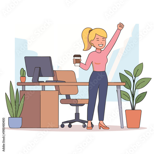 Woman celebrating with coffee in office cubicle at desk