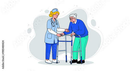 Nurse assisting elderly patient, healthcare vector illustration, medical support, caregiver helping senior