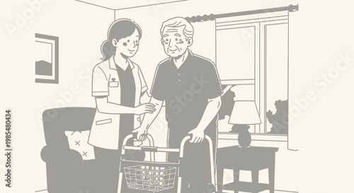 Elderly care, healthcare, medical assistance, caregiver support, vector illustration, gray, line art, home setting