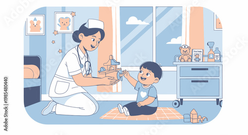 vector, illustration, pediatrician, kid, play therapy, doctor, child healthcare, medical consultation, cartoon style