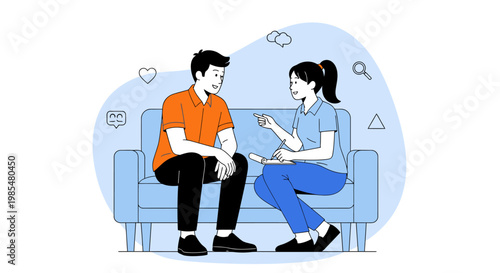Couple talking on couch, conversation illustration, people chatting, therapy session vector