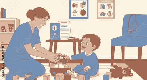 Occupational therapy, pediatric care, doctor nurse, child playing blocks, medical office vector